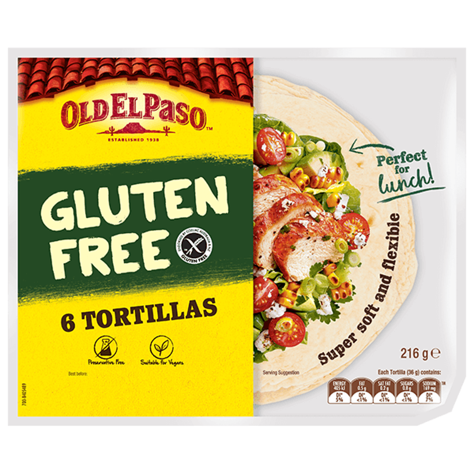 a pack of Old El Paso's 6 glutefree tortillas (216g)